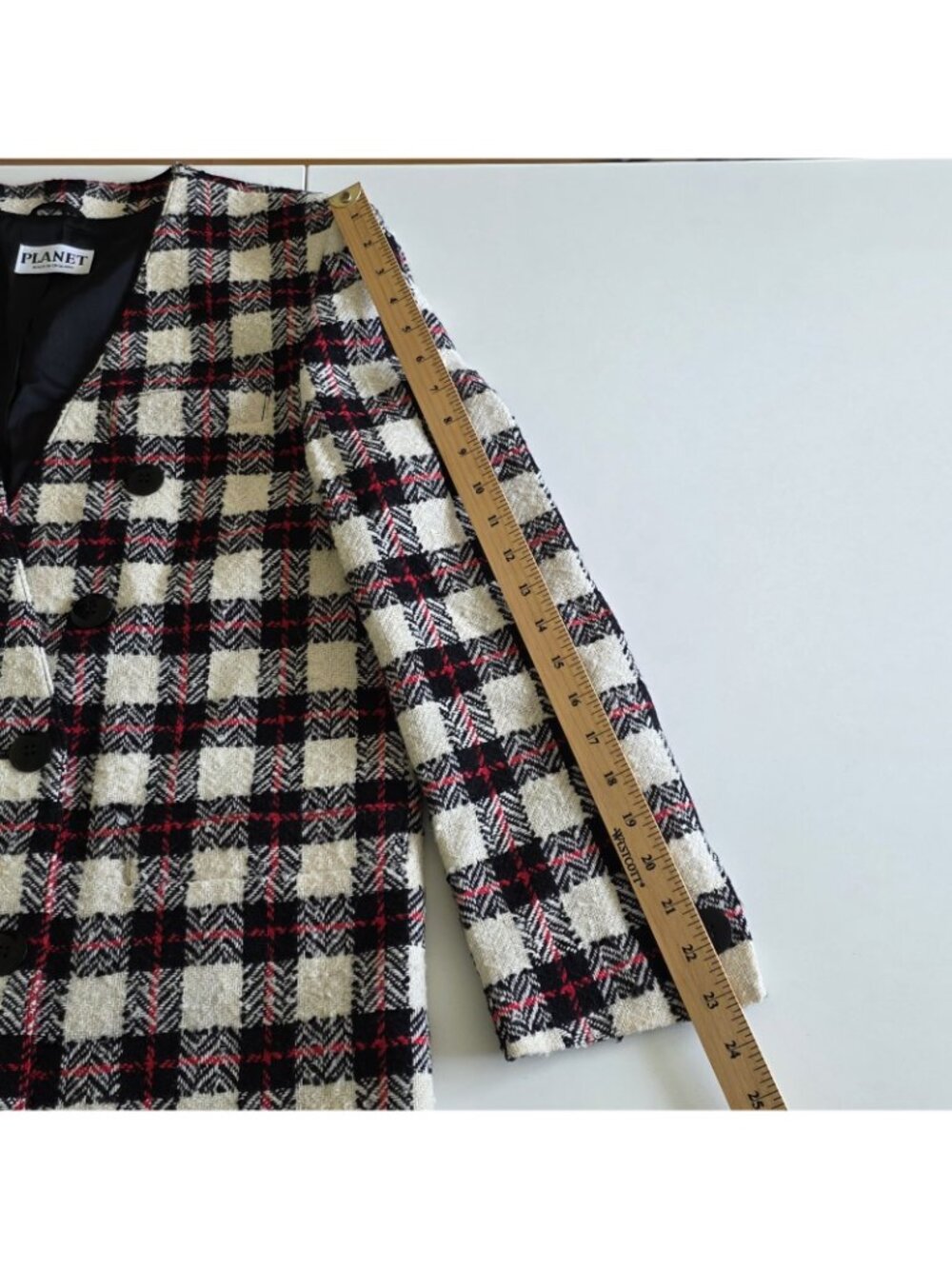 Vtg 80s Planet Plaid Blaizer US 8 Wool Blend Lined DB Colarless England Academia - Picture 6 of 16